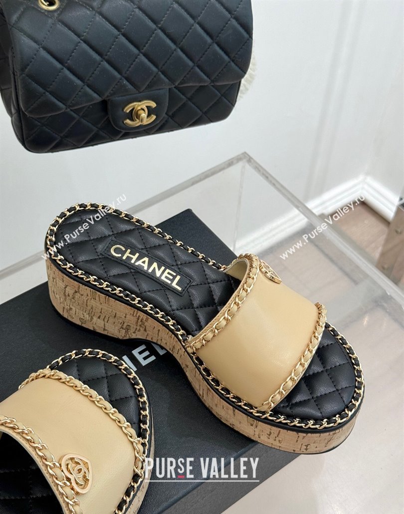 Chanel Calfskin Wedge Slides Sandal with Chain and Heart Beige 2025 CH030402 (MD-250304016)