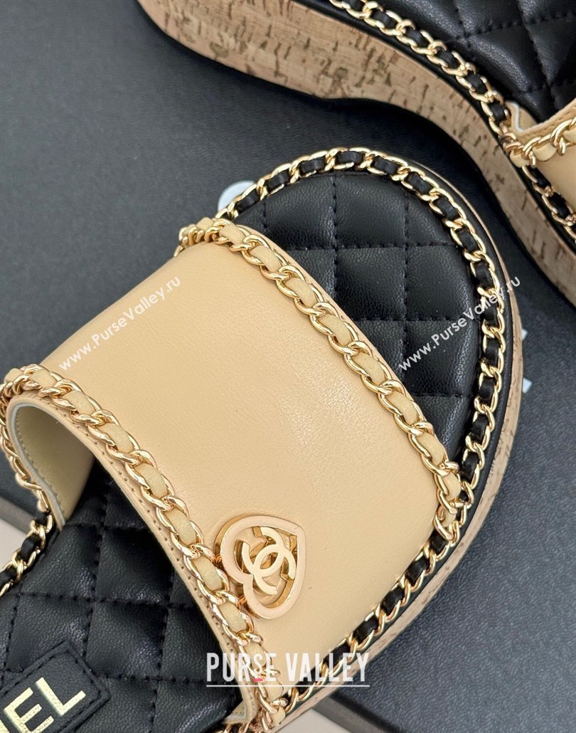 Chanel Calfskin Wedge Slides Sandal with Chain and Heart Beige 2025 CH030402 (MD-250304016)