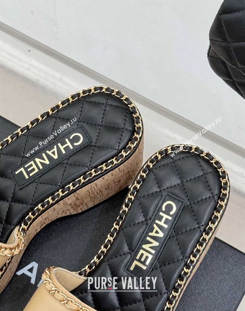 Chanel Calfskin Wedge Slides Sandal with Chain and Heart Beige 2025 CH030402 (MD-250304016)