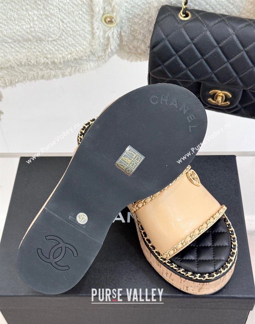 Chanel Calfskin Wedge Slides Sandal with Chain and Heart Beige 2025 CH030402 (MD-250304016)