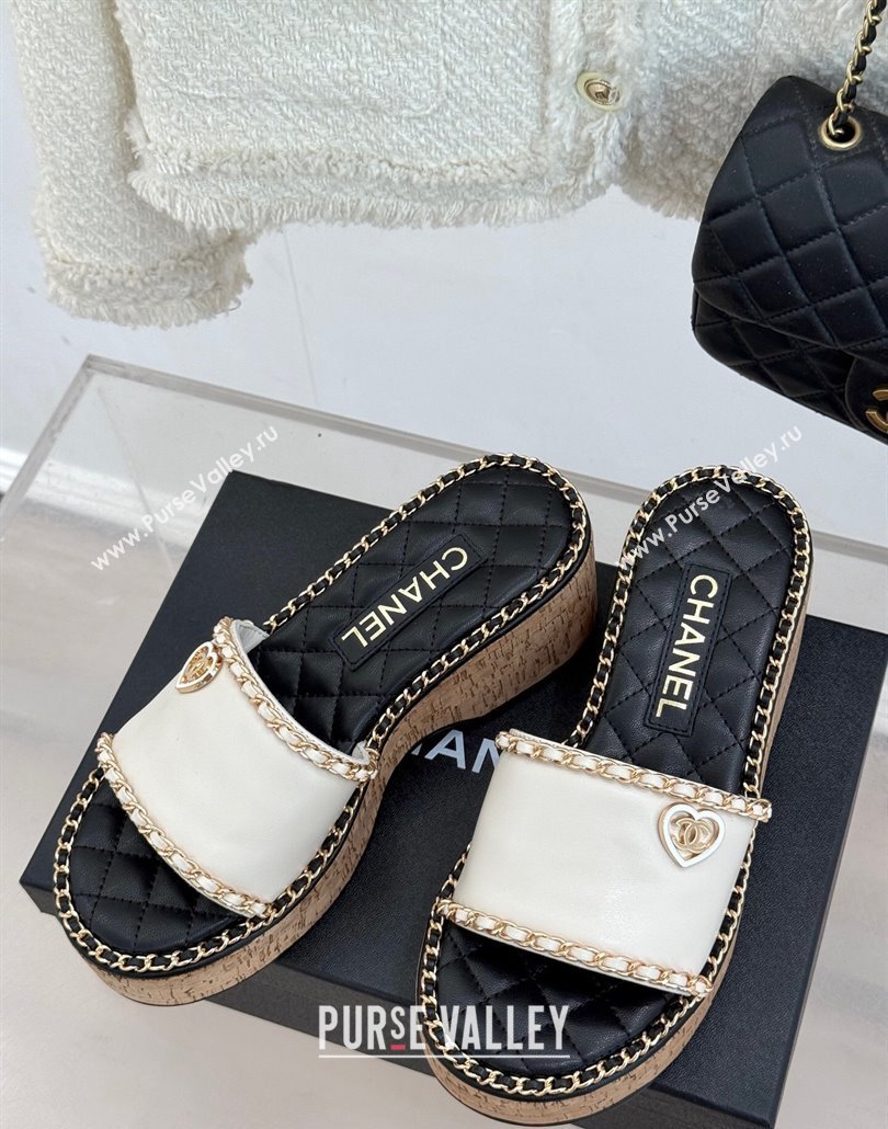 Chanel Calfskin Wedge Slides Sandal with Chain and Heart White 2025 CH030402 (MD-250304017)