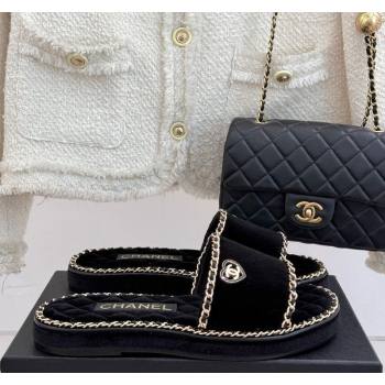 Chanel Velvet Flat Slides Sandal with Chain and Heart Black 2025 CH030402 (MD-250304018)