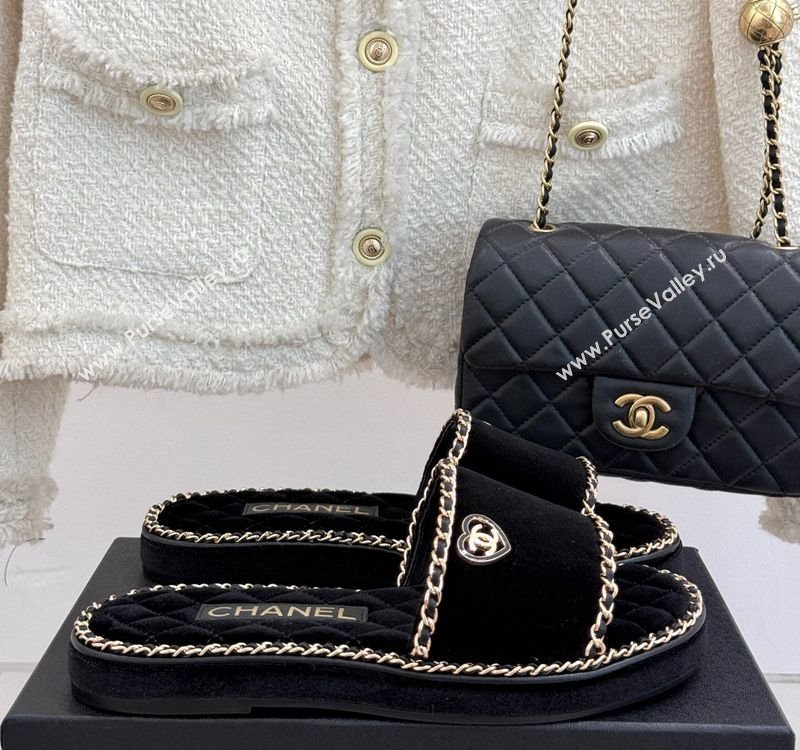 Chanel Velvet Flat Slides Sandal with Chain and Heart Black 2025 CH030402 (MD-250304018)