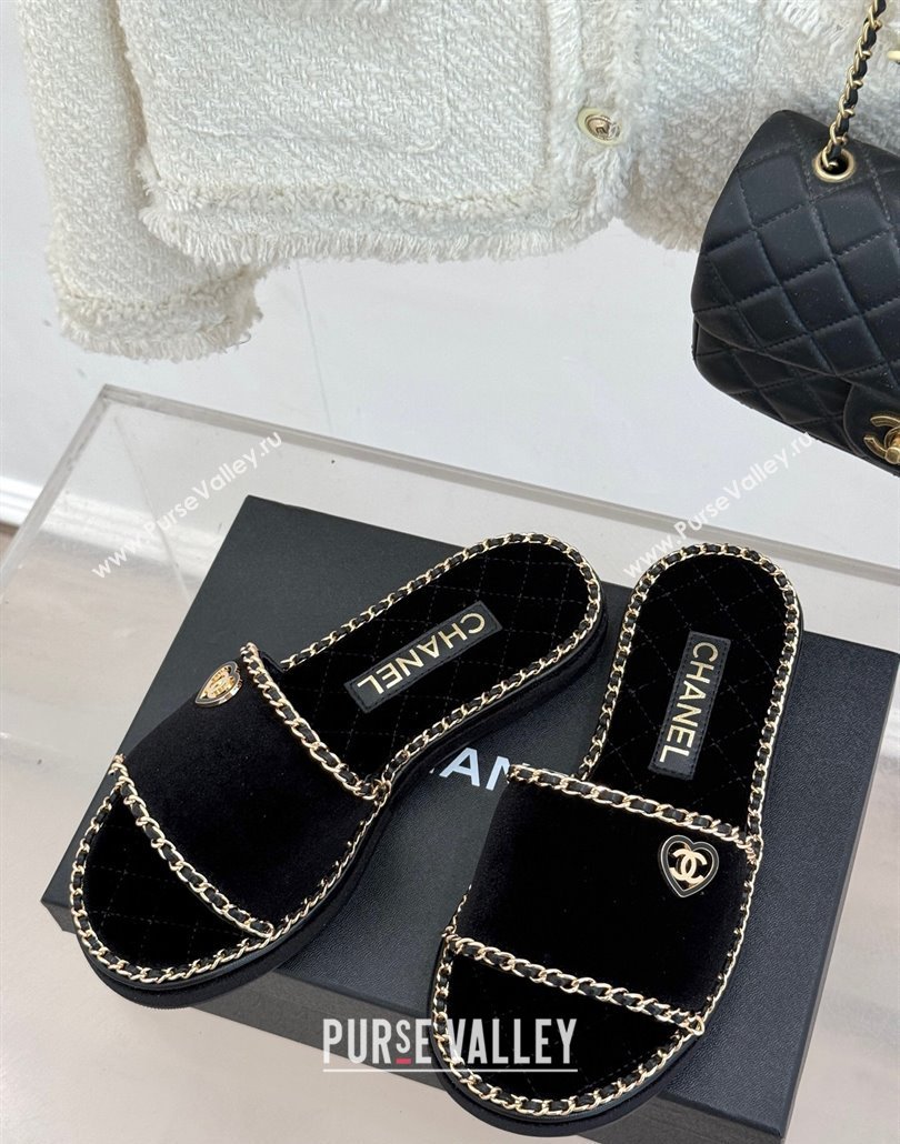 Chanel Velvet Flat Slides Sandal with Chain and Heart Black 2025 CH030402 (MD-250304018)