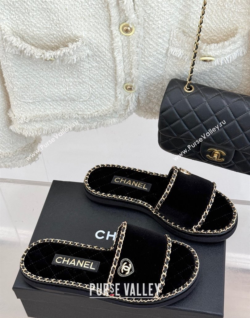 Chanel Velvet Flat Slides Sandal with Chain and Heart Black 2025 CH030402 (MD-250304018)