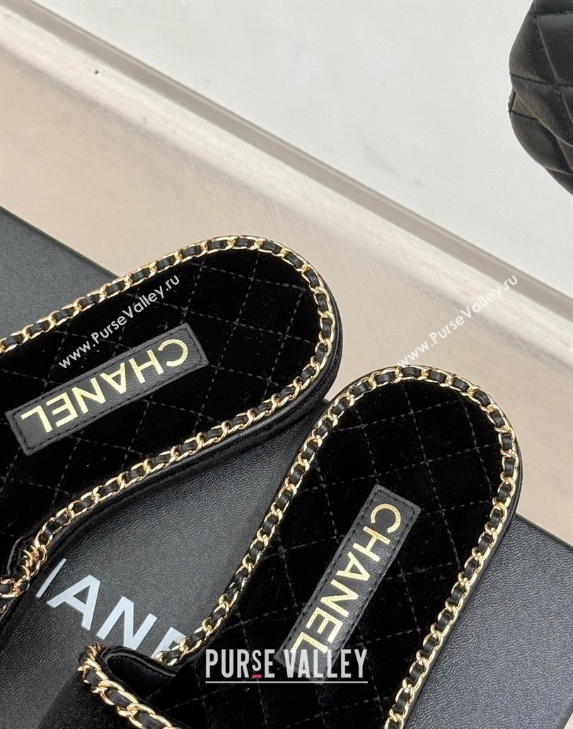 Chanel Velvet Flat Slides Sandal with Chain and Heart Black 2025 CH030402 (MD-250304018)