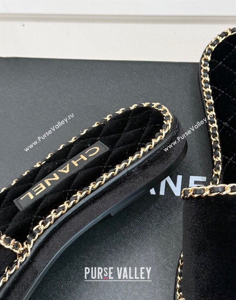 Chanel Velvet Flat Slides Sandal with Chain and Heart Black 2025 CH030402 (MD-250304018)