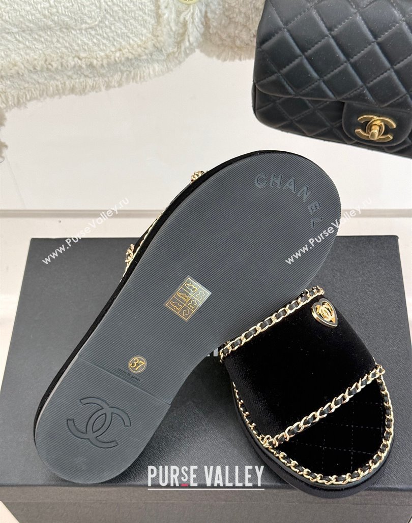 Chanel Velvet Flat Slides Sandal with Chain and Heart Black 2025 CH030402 (MD-250304018)