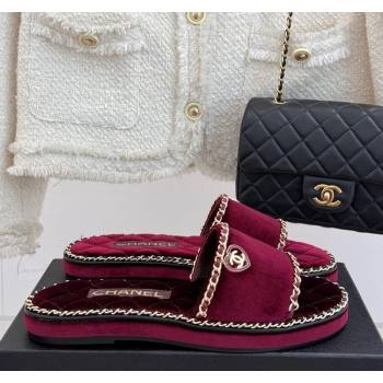 Chanel Velvet Flat Slides Sandal with Chain and Heart Dark Burgundy 2025 CH030402 (MD-250304019)
