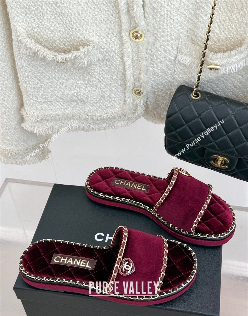 Chanel Velvet Flat Slides Sandal with Chain and Heart Dark Burgundy 2025 CH030402 (MD-250304019)