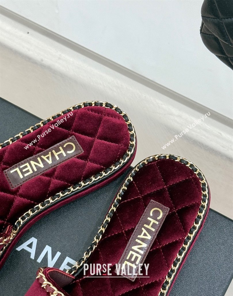 Chanel Velvet Flat Slides Sandal with Chain and Heart Dark Burgundy 2025 CH030402 (MD-250304019)