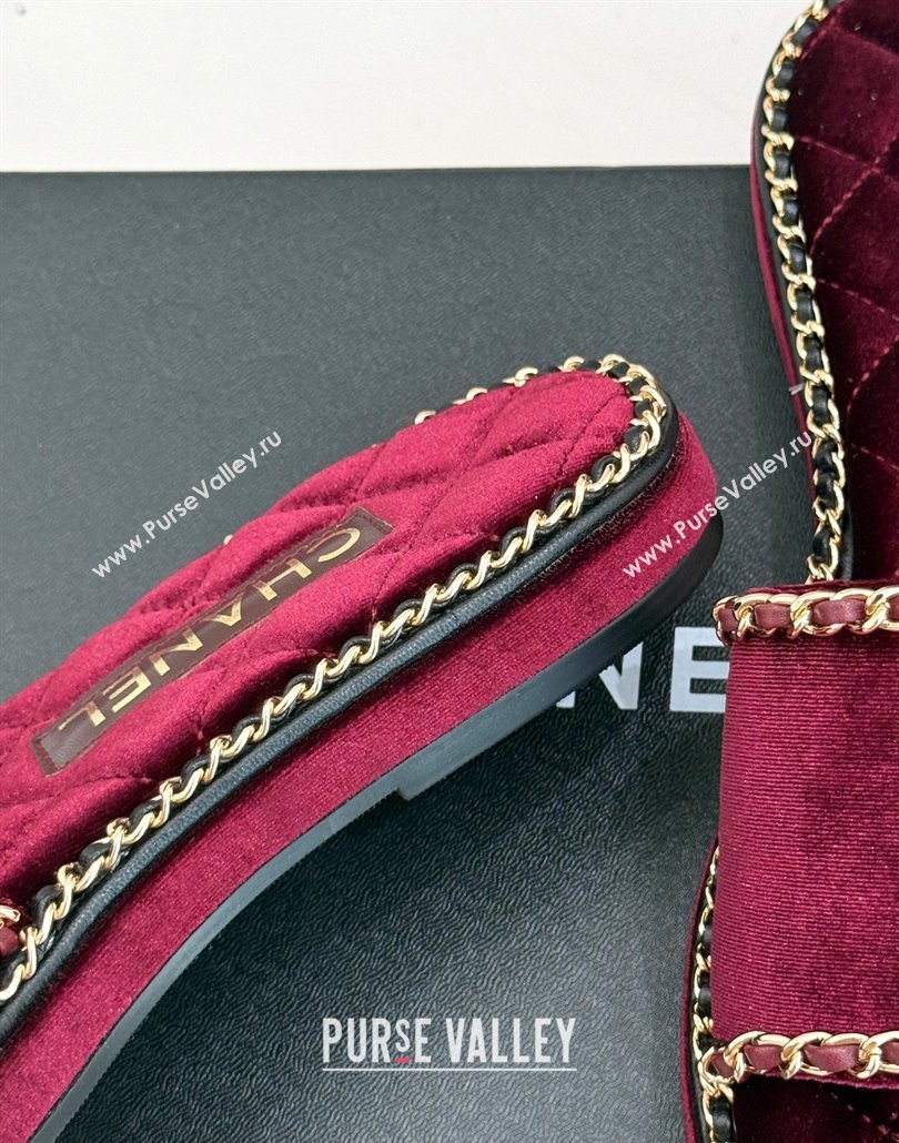 Chanel Velvet Flat Slides Sandal with Chain and Heart Dark Burgundy 2025 CH030402 (MD-250304019)