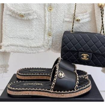 Chanel Calfskin Flat Slides Sandal with Chain and Heart Black 2025 CH030402 (MD-250304020)