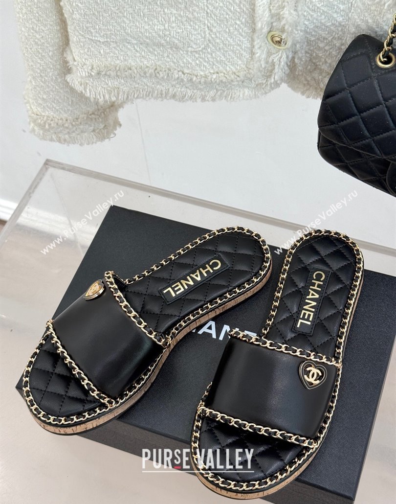 Chanel Calfskin Flat Slides Sandal with Chain and Heart Black 2025 CH030402 (MD-250304020)
