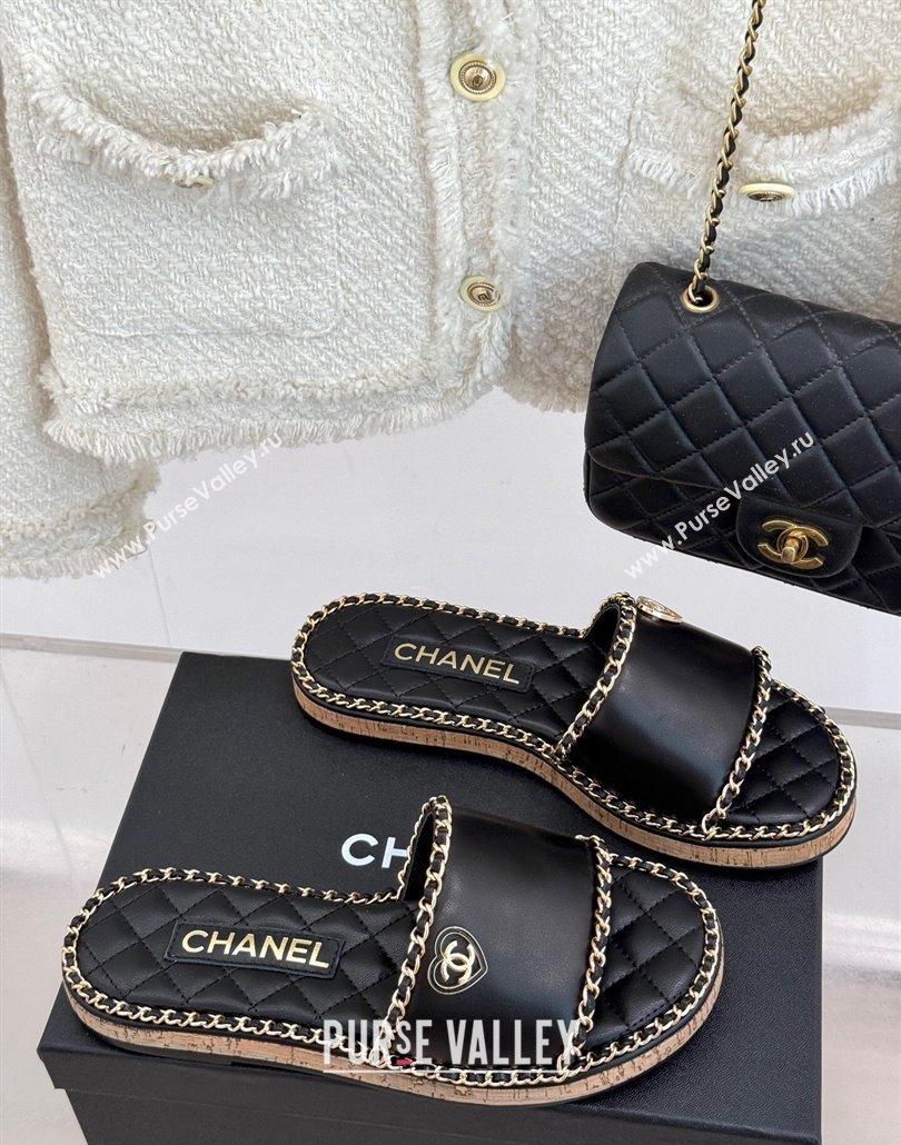 Chanel Calfskin Flat Slides Sandal with Chain and Heart Black 2025 CH030402 (MD-250304020)
