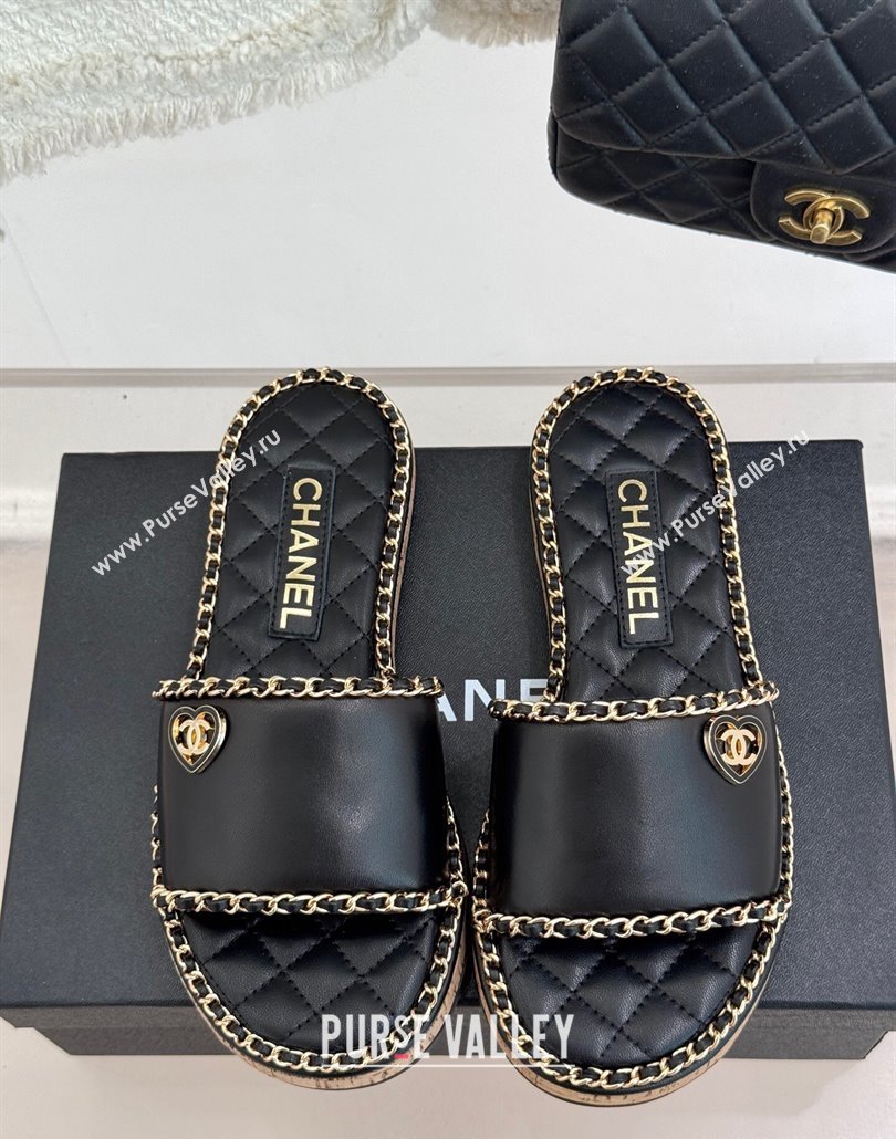 Chanel Calfskin Flat Slides Sandal with Chain and Heart Black 2025 CH030402 (MD-250304020)