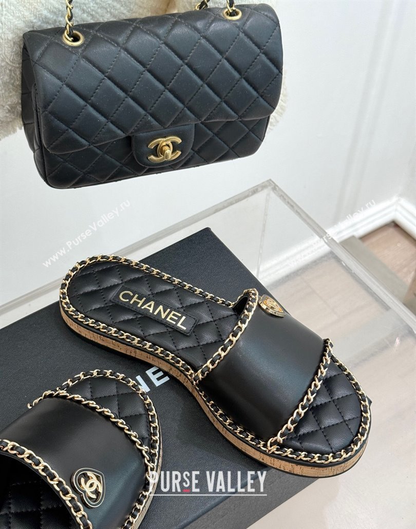 Chanel Calfskin Flat Slides Sandal with Chain and Heart Black 2025 CH030402 (MD-250304020)