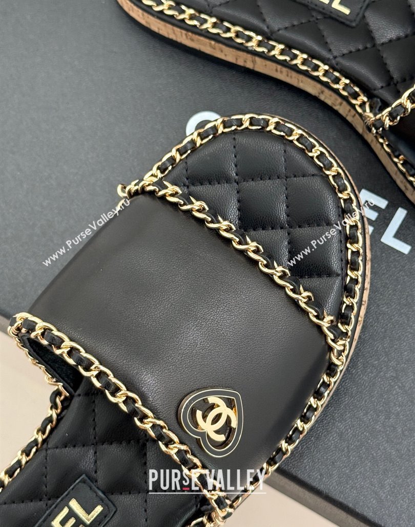 Chanel Calfskin Flat Slides Sandal with Chain and Heart Black 2025 CH030402 (MD-250304020)