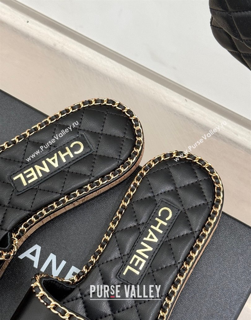 Chanel Calfskin Flat Slides Sandal with Chain and Heart Black 2025 CH030402 (MD-250304020)