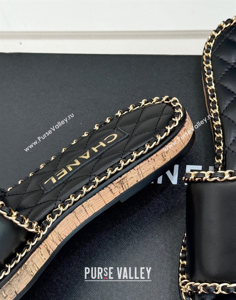 Chanel Calfskin Flat Slides Sandal with Chain and Heart Black 2025 CH030402 (MD-250304020)