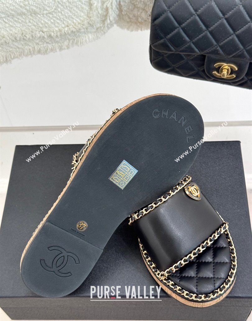 Chanel Calfskin Flat Slides Sandal with Chain and Heart Black 2025 CH030402 (MD-250304020)