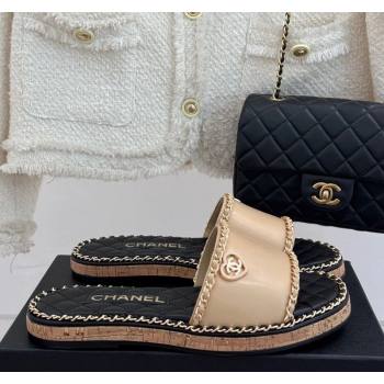 Chanel Calfskin Flat Slides Sandal with Chain and Heart Beige 2025 CH030402 (MD-250304021)