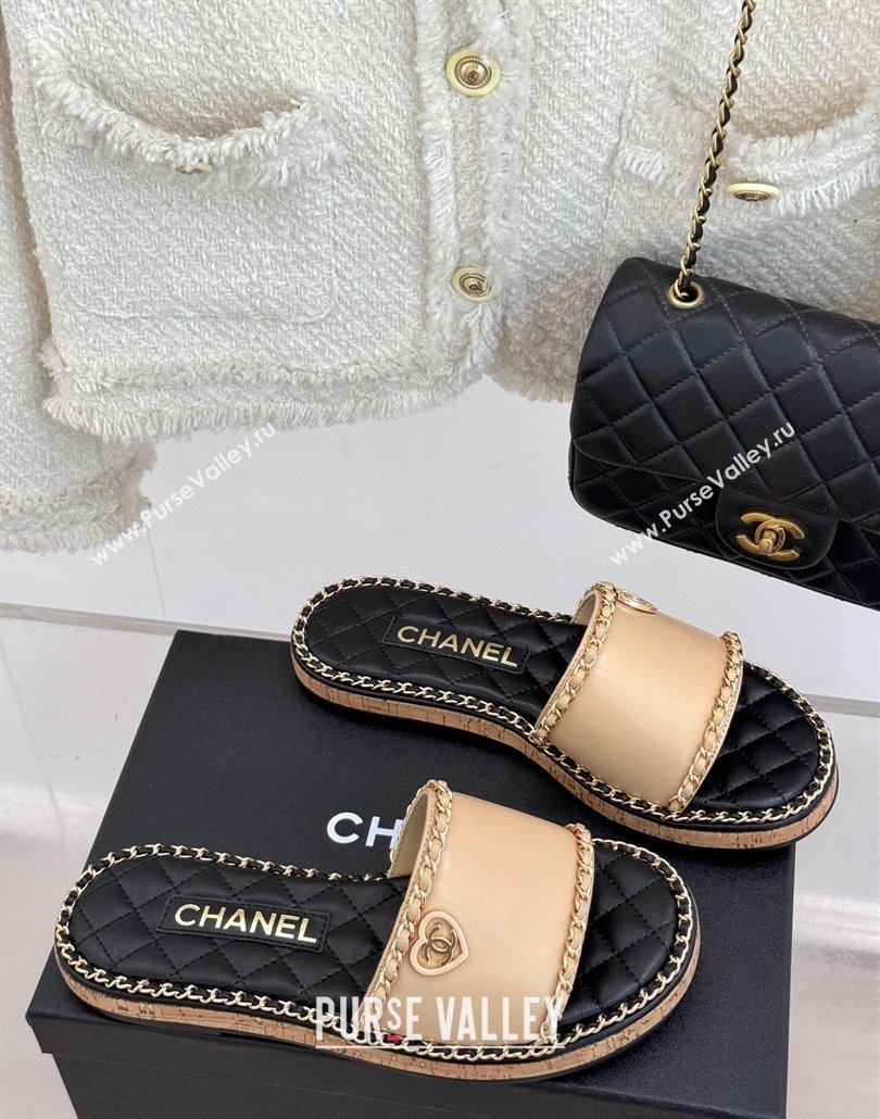 Chanel Calfskin Flat Slides Sandal with Chain and Heart Beige 2025 CH030402 (MD-250304021)