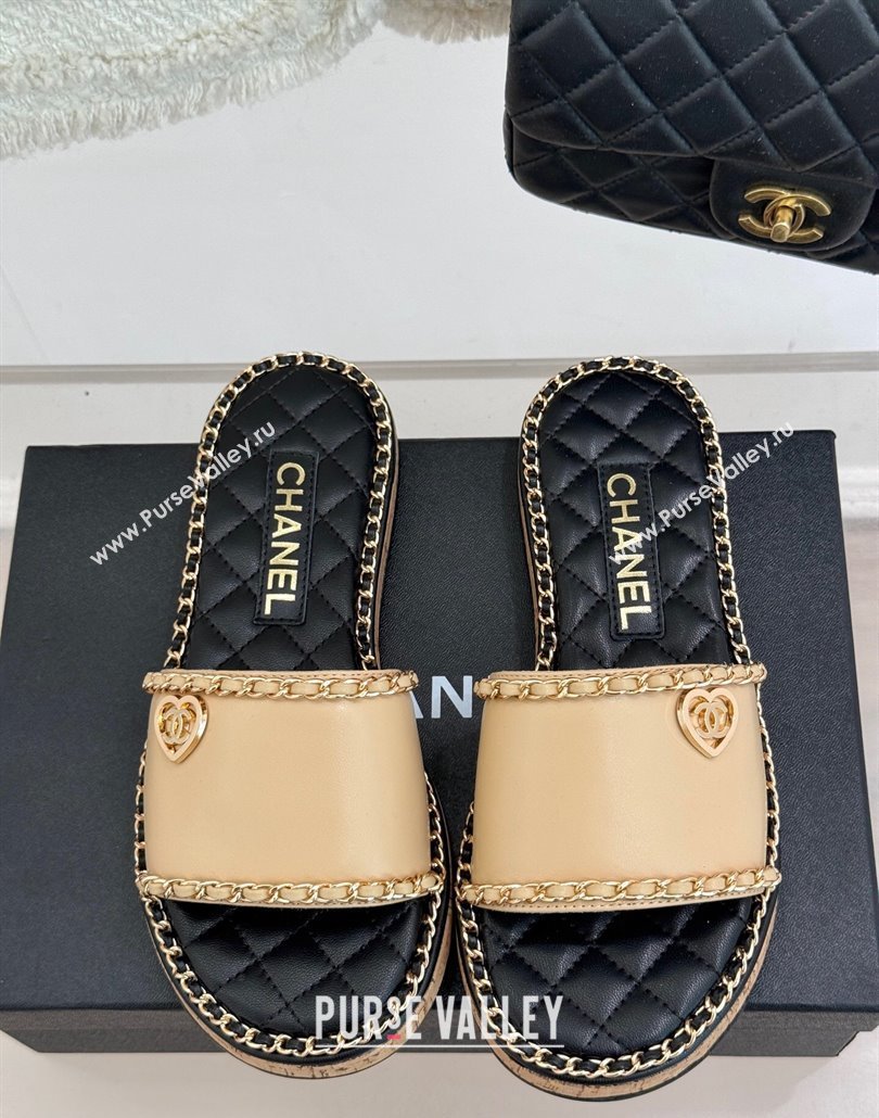 Chanel Calfskin Flat Slides Sandal with Chain and Heart Beige 2025 CH030402 (MD-250304021)