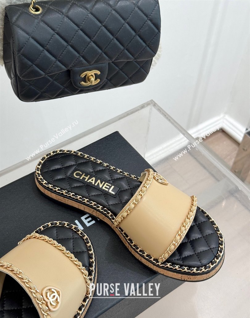 Chanel Calfskin Flat Slides Sandal with Chain and Heart Beige 2025 CH030402 (MD-250304021)