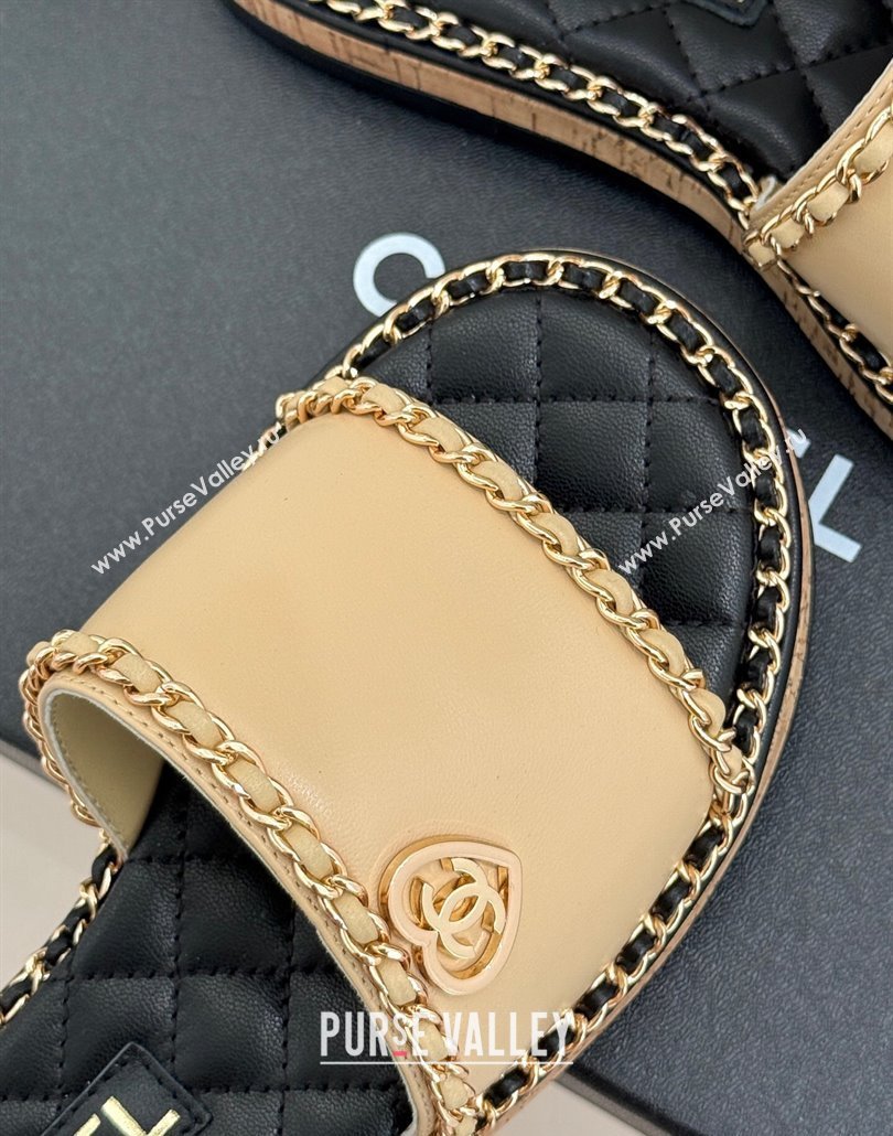 Chanel Calfskin Flat Slides Sandal with Chain and Heart Beige 2025 CH030402 (MD-250304021)