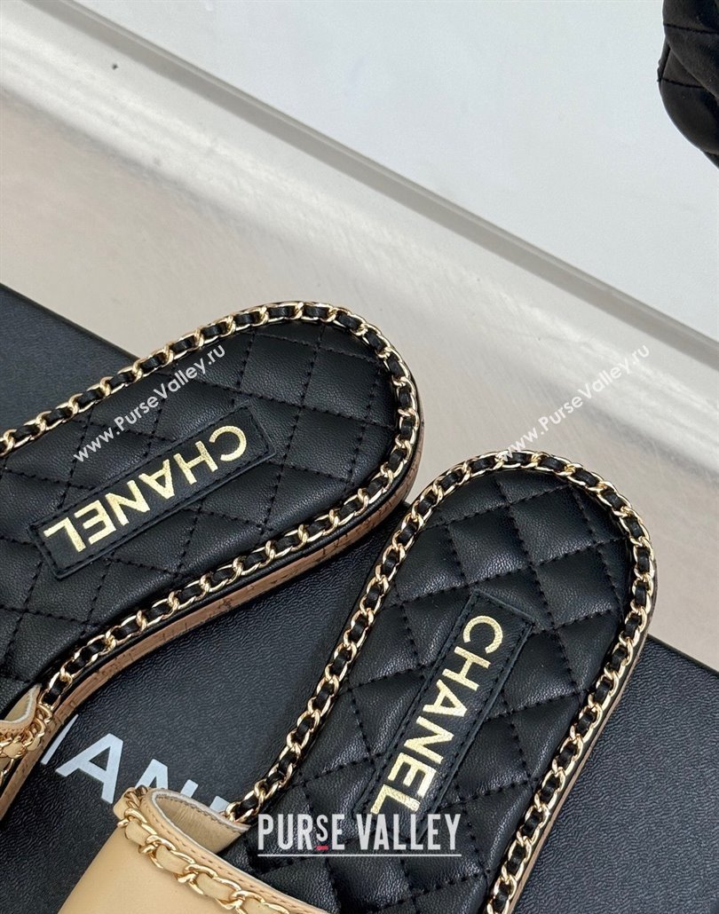 Chanel Calfskin Flat Slides Sandal with Chain and Heart Beige 2025 CH030402 (MD-250304021)