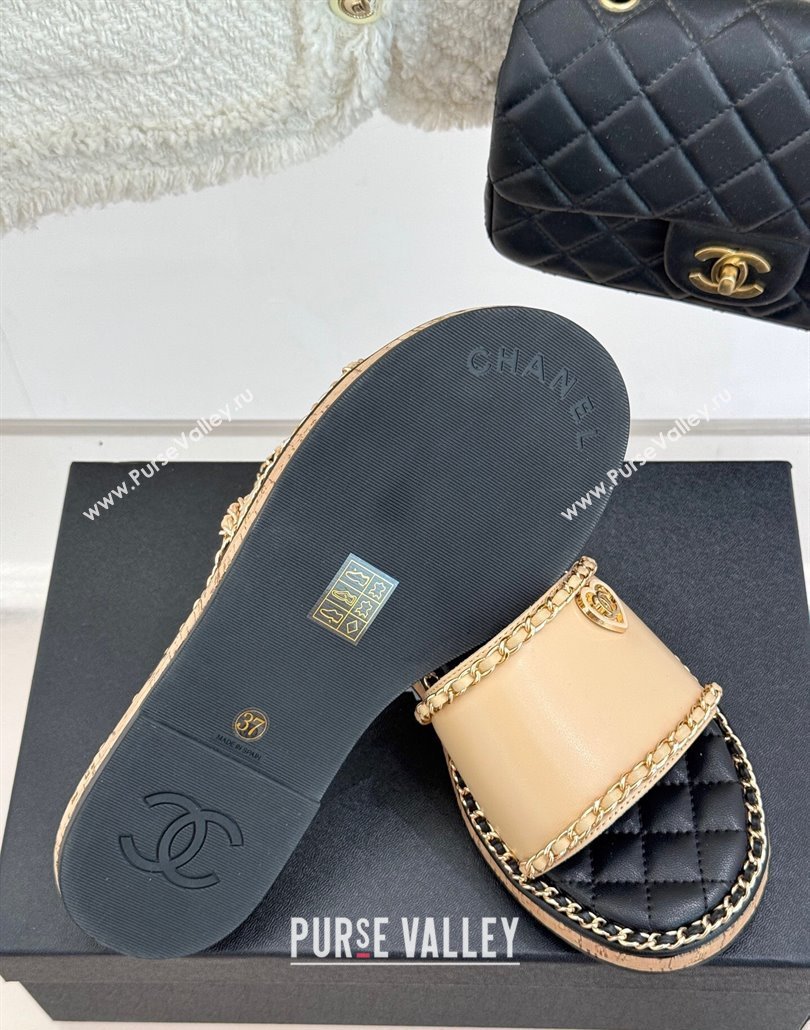 Chanel Calfskin Flat Slides Sandal with Chain and Heart Beige 2025 CH030402 (MD-250304021)