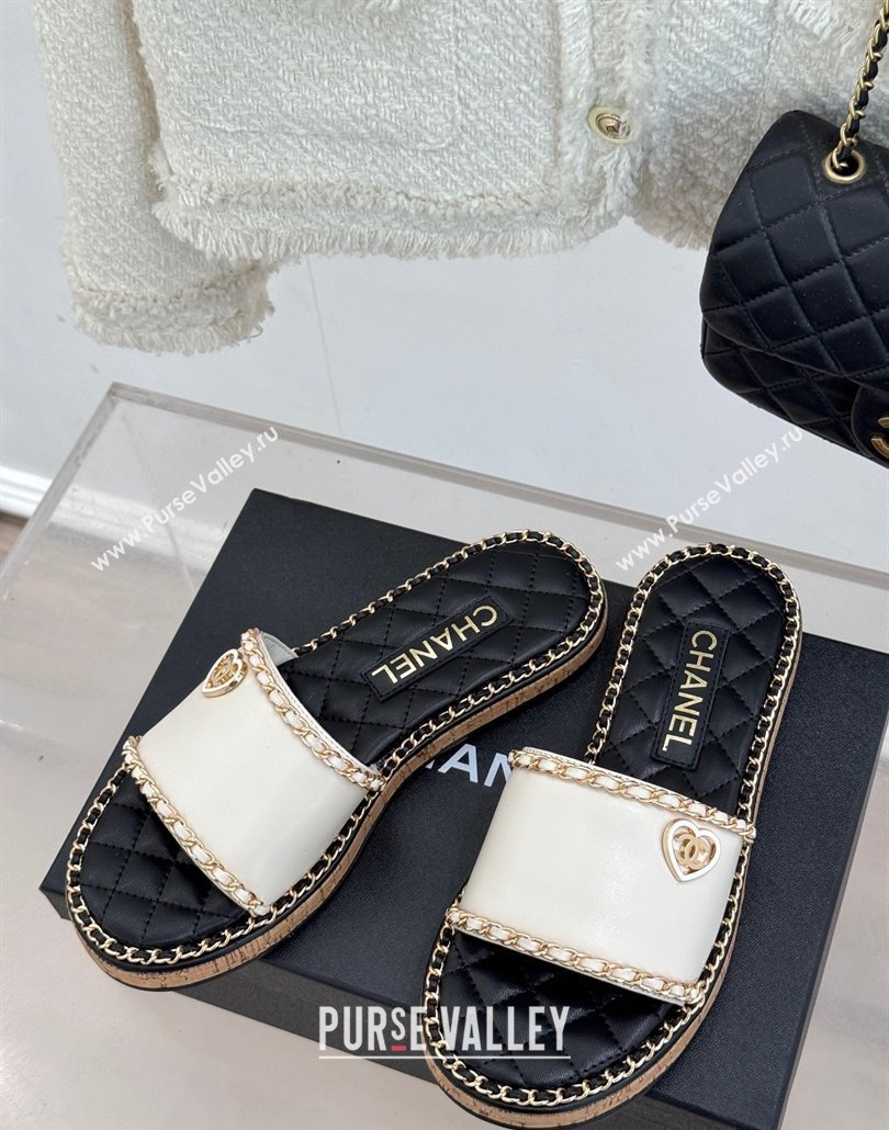 Chanel Calfskin Flat Slides Sandal with Chain and Heart White 2025 CH030402 (MD-250304022)