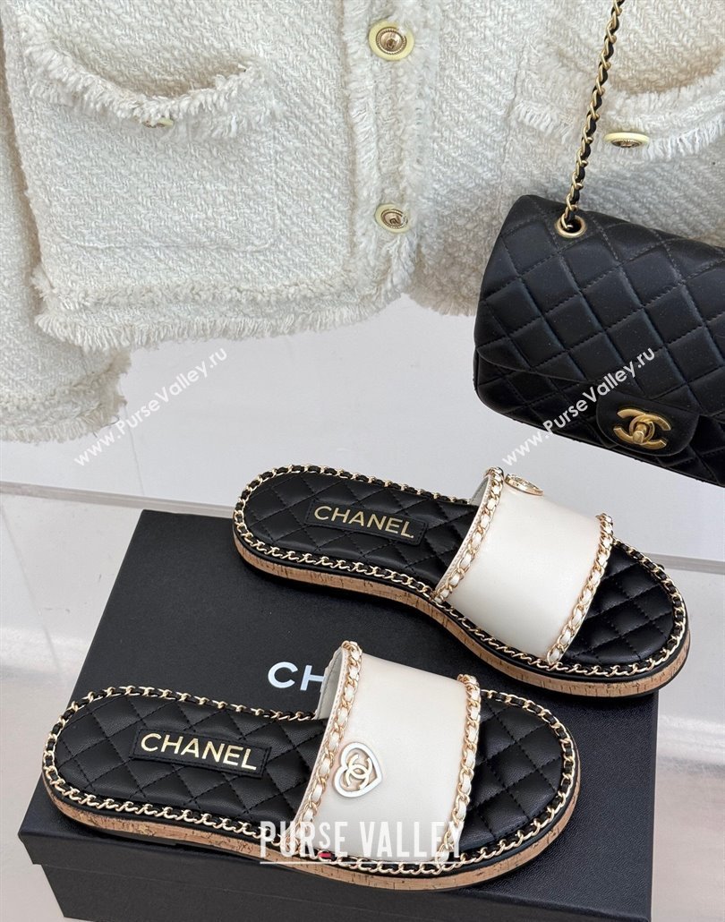 Chanel Calfskin Flat Slides Sandal with Chain and Heart White 2025 CH030402 (MD-250304022)