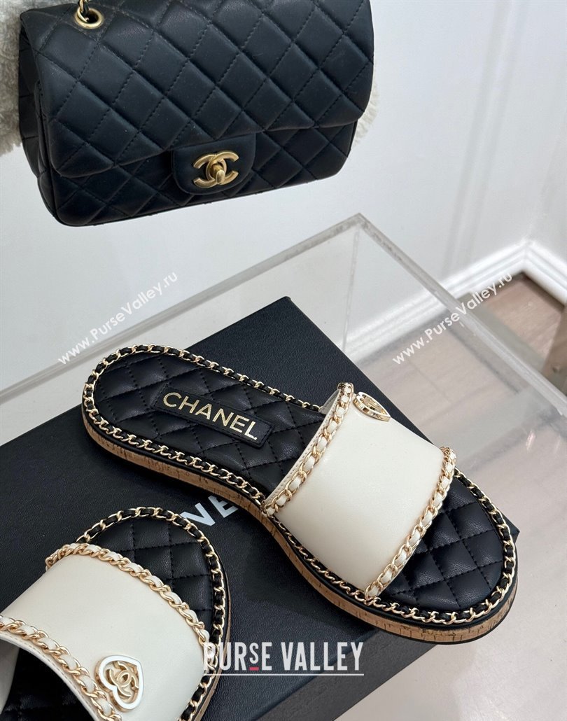 Chanel Calfskin Flat Slides Sandal with Chain and Heart White 2025 CH030402 (MD-250304022)