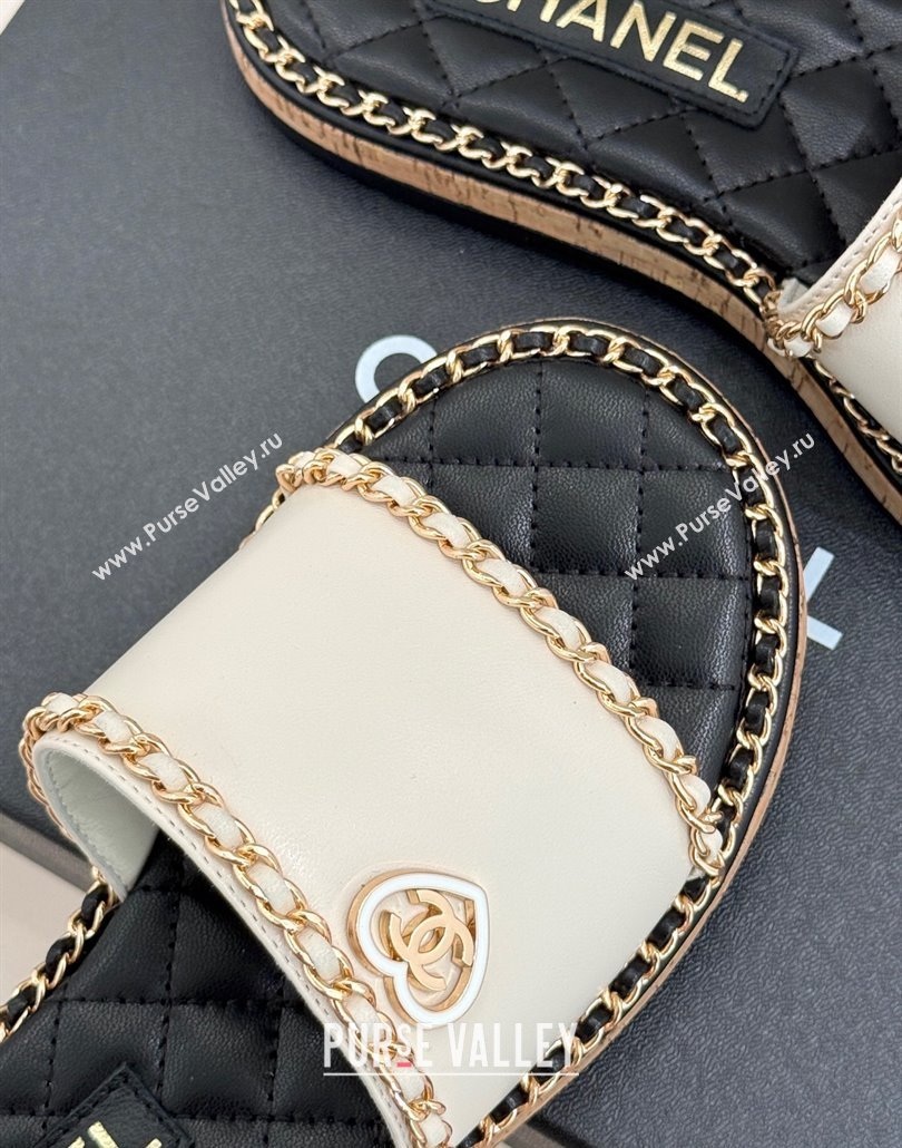 Chanel Calfskin Flat Slides Sandal with Chain and Heart White 2025 CH030402 (MD-250304022)