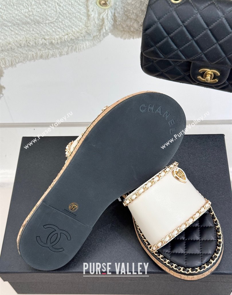 Chanel Calfskin Flat Slides Sandal with Chain and Heart White 2025 CH030402 (MD-250304022)