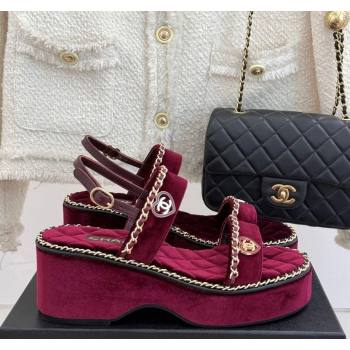 Chanel Velvet Wedge Sandals with Chain and Heart Dark Burgundy 2025 CH030402 (MD-250304024)