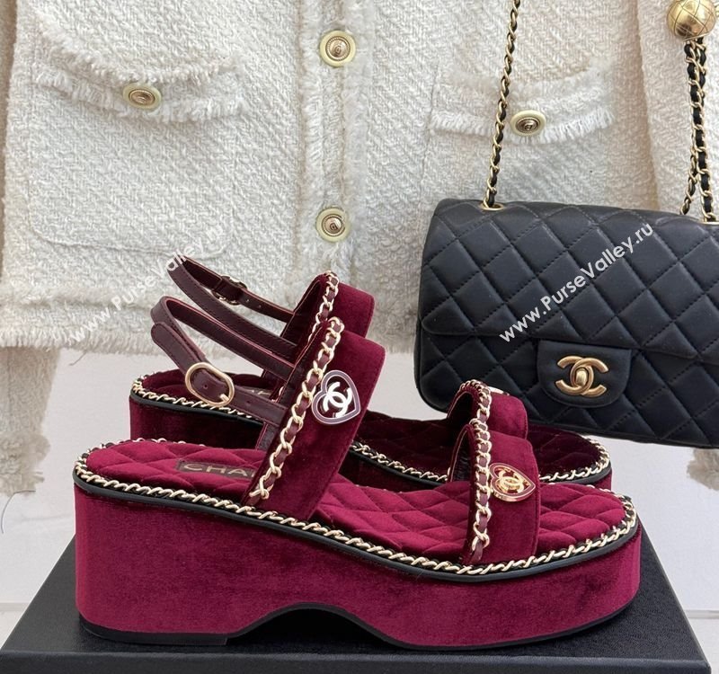 Chanel Velvet Wedge Sandals with Chain and Heart Dark Burgundy 2025 CH030402 (MD-250304024)