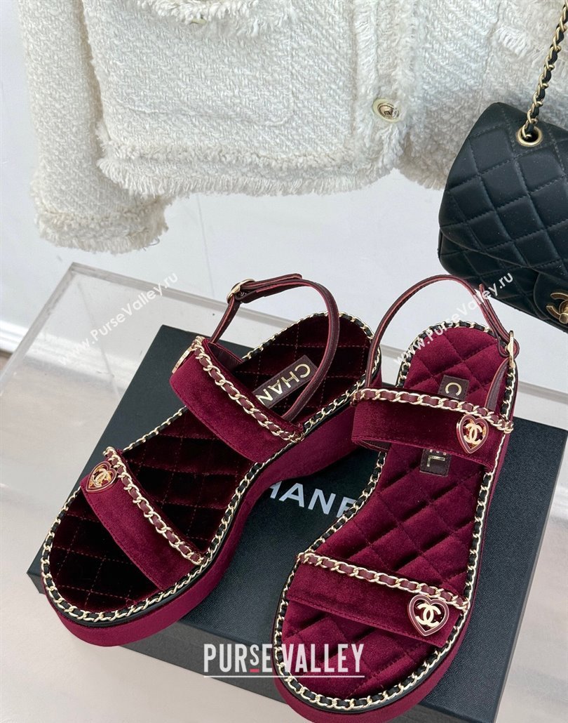 Chanel Velvet Wedge Sandals with Chain and Heart Dark Burgundy 2025 CH030402 (MD-250304024)