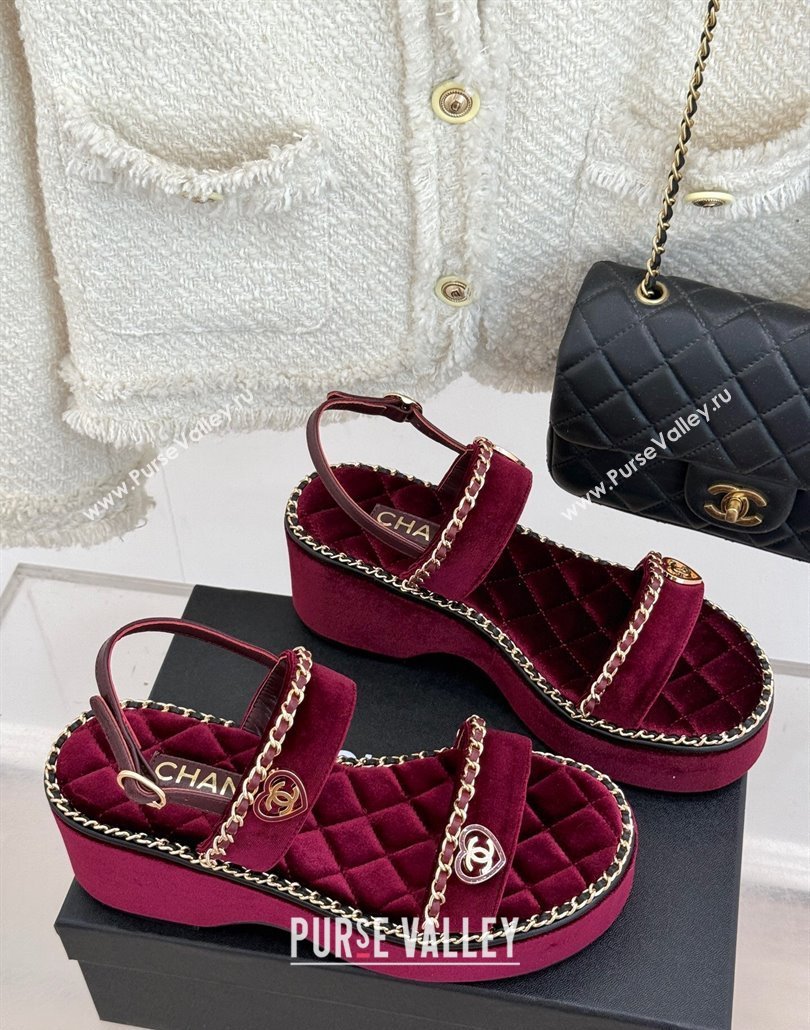 Chanel Velvet Wedge Sandals with Chain and Heart Dark Burgundy 2025 CH030402 (MD-250304024)