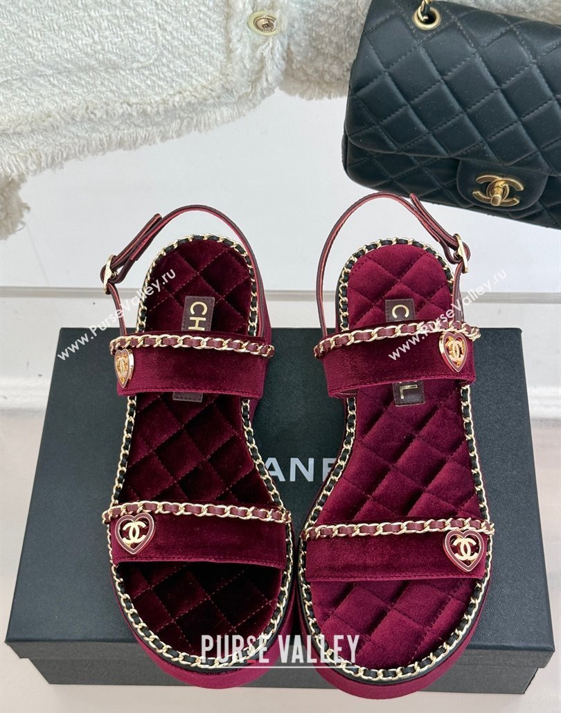 Chanel Velvet Wedge Sandals with Chain and Heart Dark Burgundy 2025 CH030402 (MD-250304024)