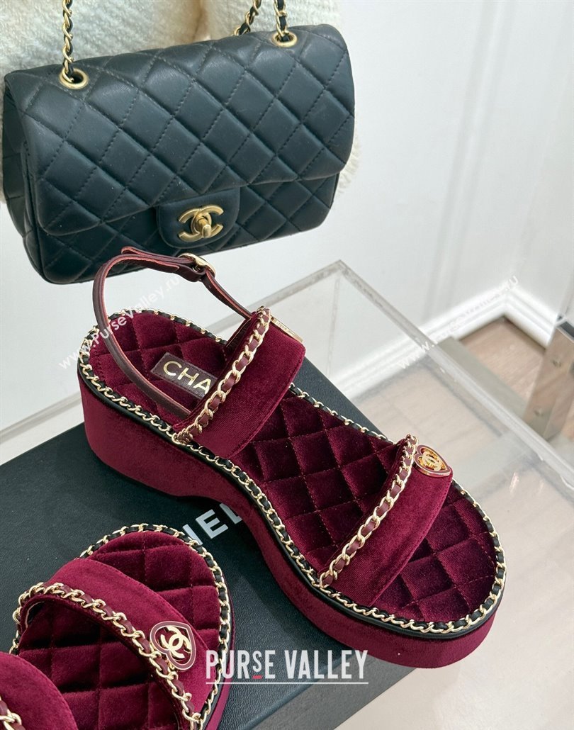 Chanel Velvet Wedge Sandals with Chain and Heart Dark Burgundy 2025 CH030402 (MD-250304024)