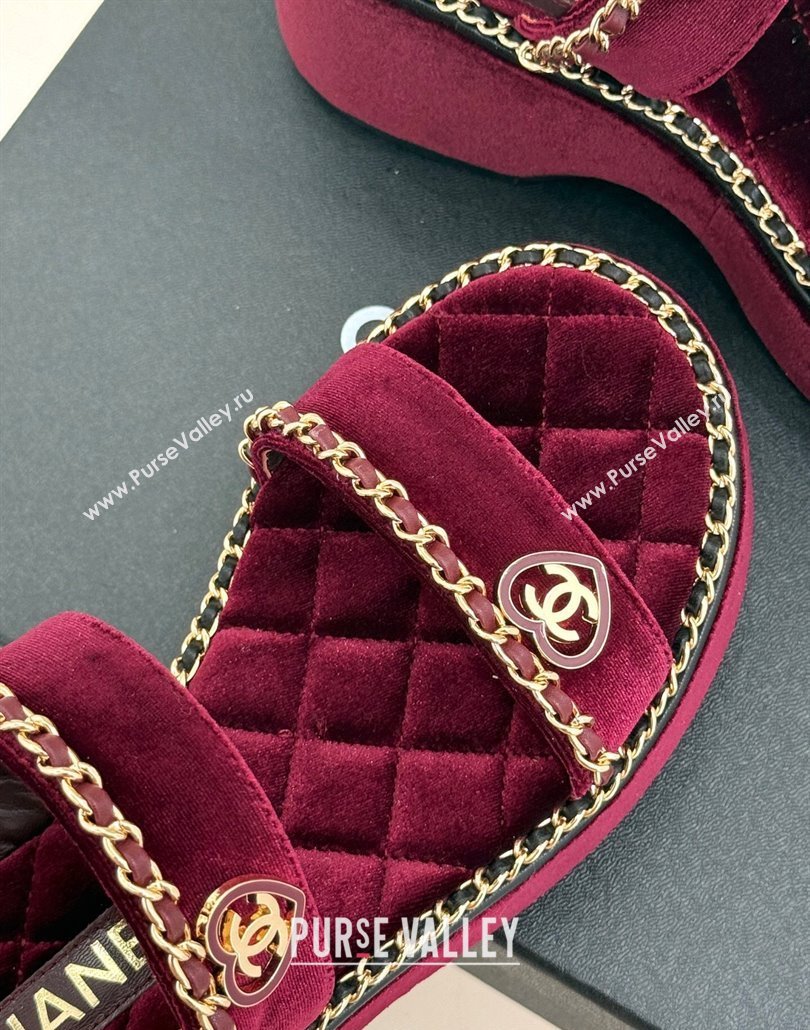 Chanel Velvet Wedge Sandals with Chain and Heart Dark Burgundy 2025 CH030402 (MD-250304024)