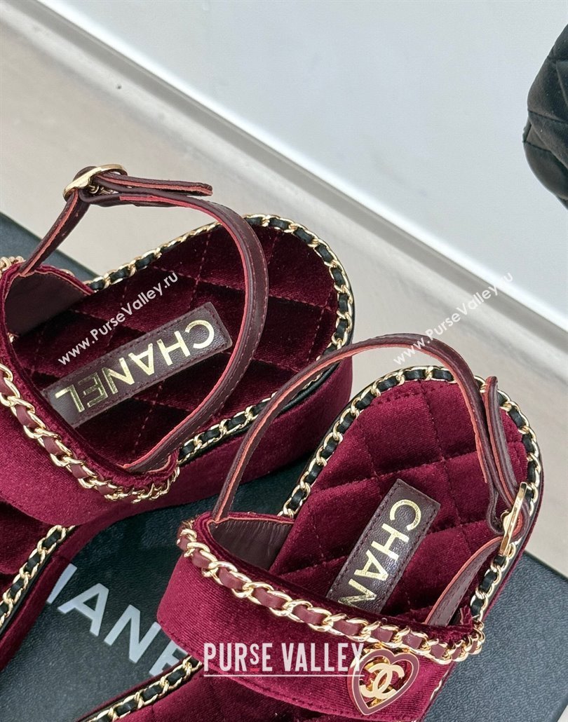 Chanel Velvet Wedge Sandals with Chain and Heart Dark Burgundy 2025 CH030402 (MD-250304024)