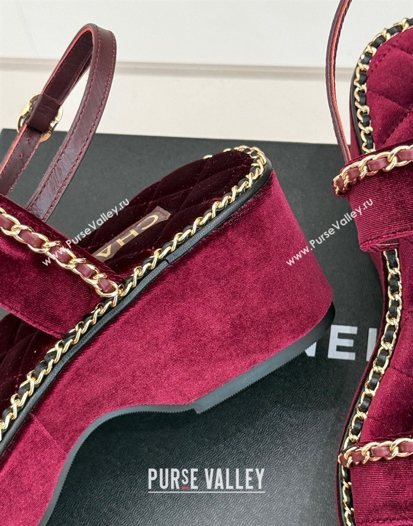 Chanel Velvet Wedge Sandals with Chain and Heart Dark Burgundy 2025 CH030402 (MD-250304024)
