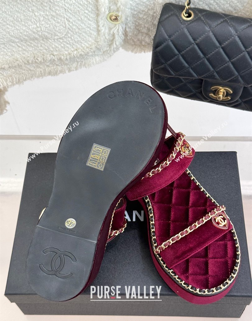 Chanel Velvet Wedge Sandals with Chain and Heart Dark Burgundy 2025 CH030402 (MD-250304024)