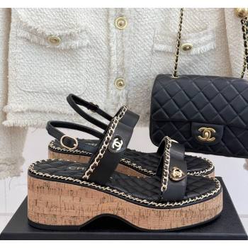 Chanel Calfskin Wedge Sandals with Chain and Heart Black 2025 CH030402 (MD-250304025)