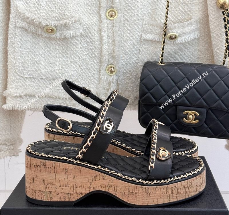 Chanel Calfskin Wedge Sandals with Chain and Heart Black 2025 CH030402 (MD-250304025)