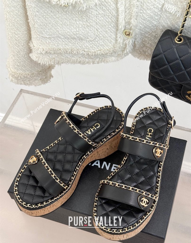 Chanel Calfskin Wedge Sandals with Chain and Heart Black 2025 CH030402 (MD-250304025)